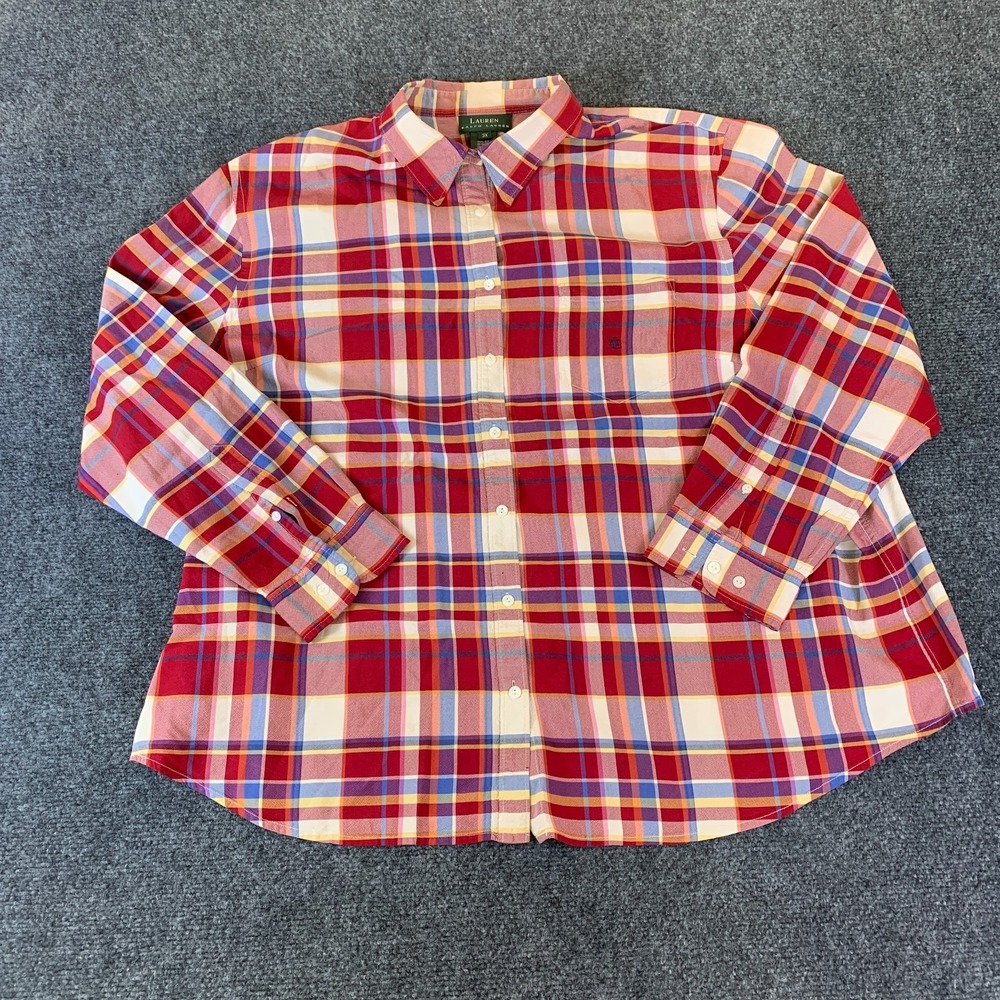 Lauren Ralph Lauren Shirt Womens 3X Multicolor Plaid Silk Long Sleeve Button Up